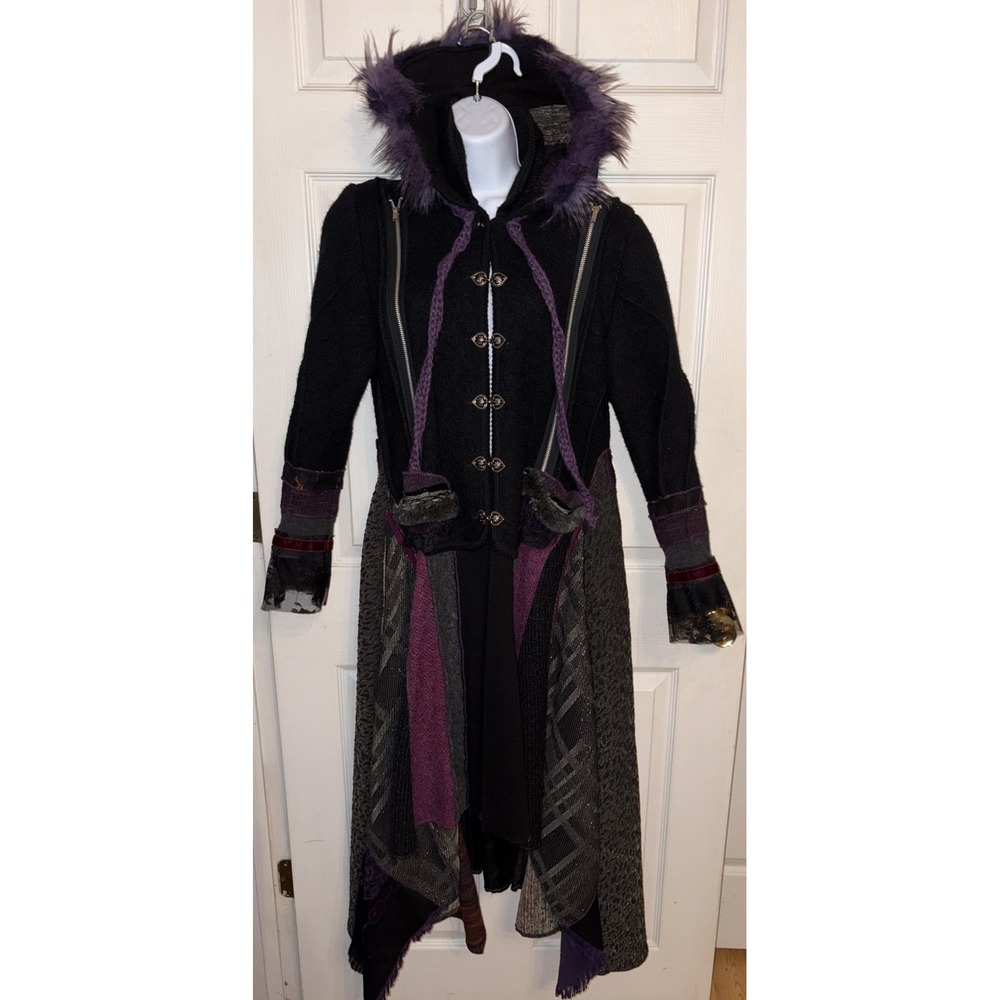 AMBER STUDIOS Upcycled S / M Wool Hooded Black Sweater Maxi Fit Flare Coat Goth